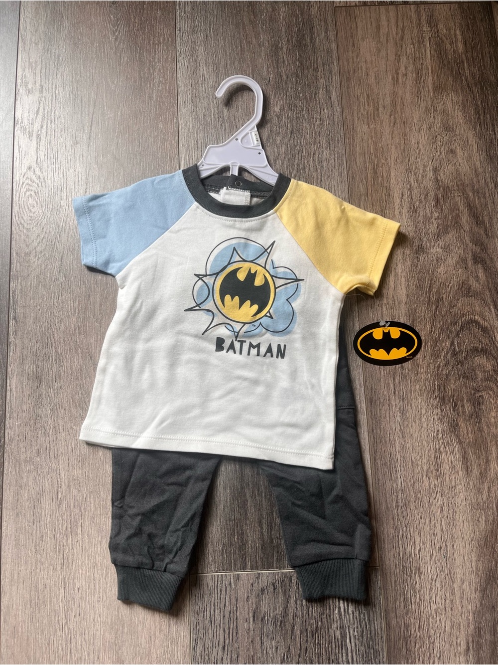 Batman Infant Bodysuit in White, Yellow & Dark Gray